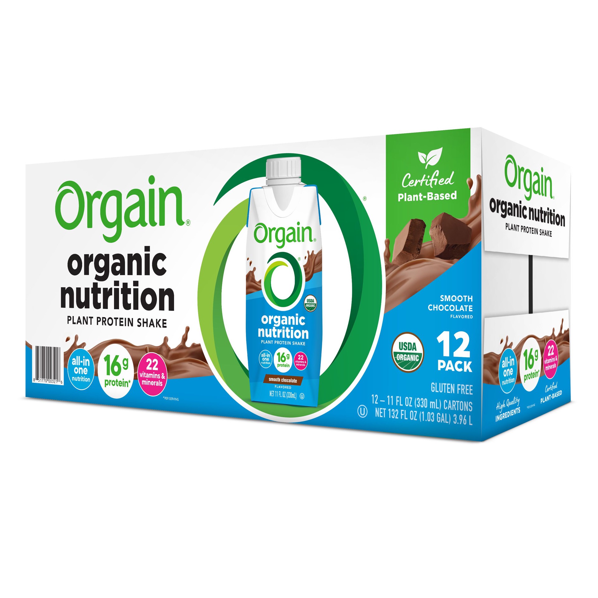 slide 3 of 10, Orgain Organic Nutrition Vegan Protein Shake, Plant Based, Smooth Chocolate 11oz, 12ct, 132 fl oz