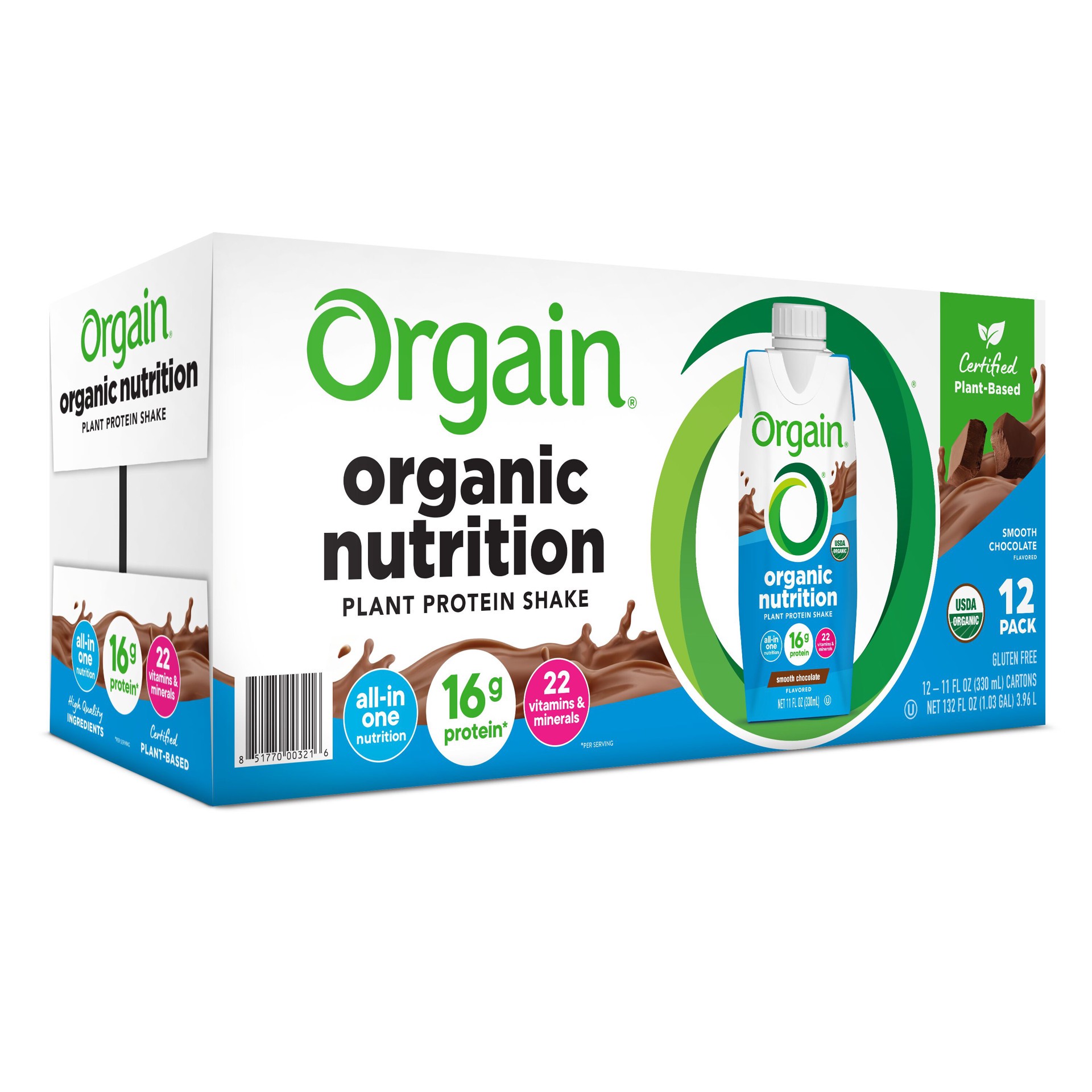 slide 4 of 10, Orgain Organic Nutrition Vegan Protein Shake, Plant Based, Smooth Chocolate 11oz, 12ct, 132 fl oz