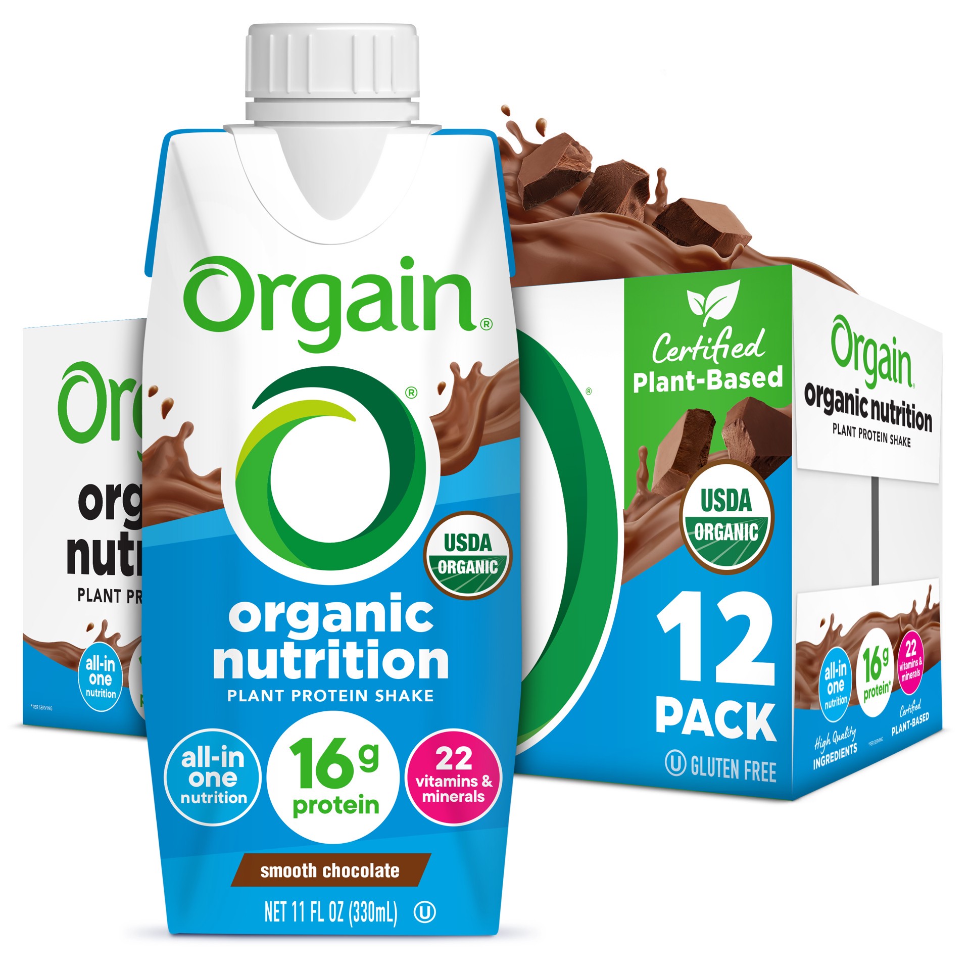 slide 1 of 10, Orgain Organic Nutrition Vegan Protein Shake, Plant Based, Smooth Chocolate 11oz, 12ct, 132 fl oz