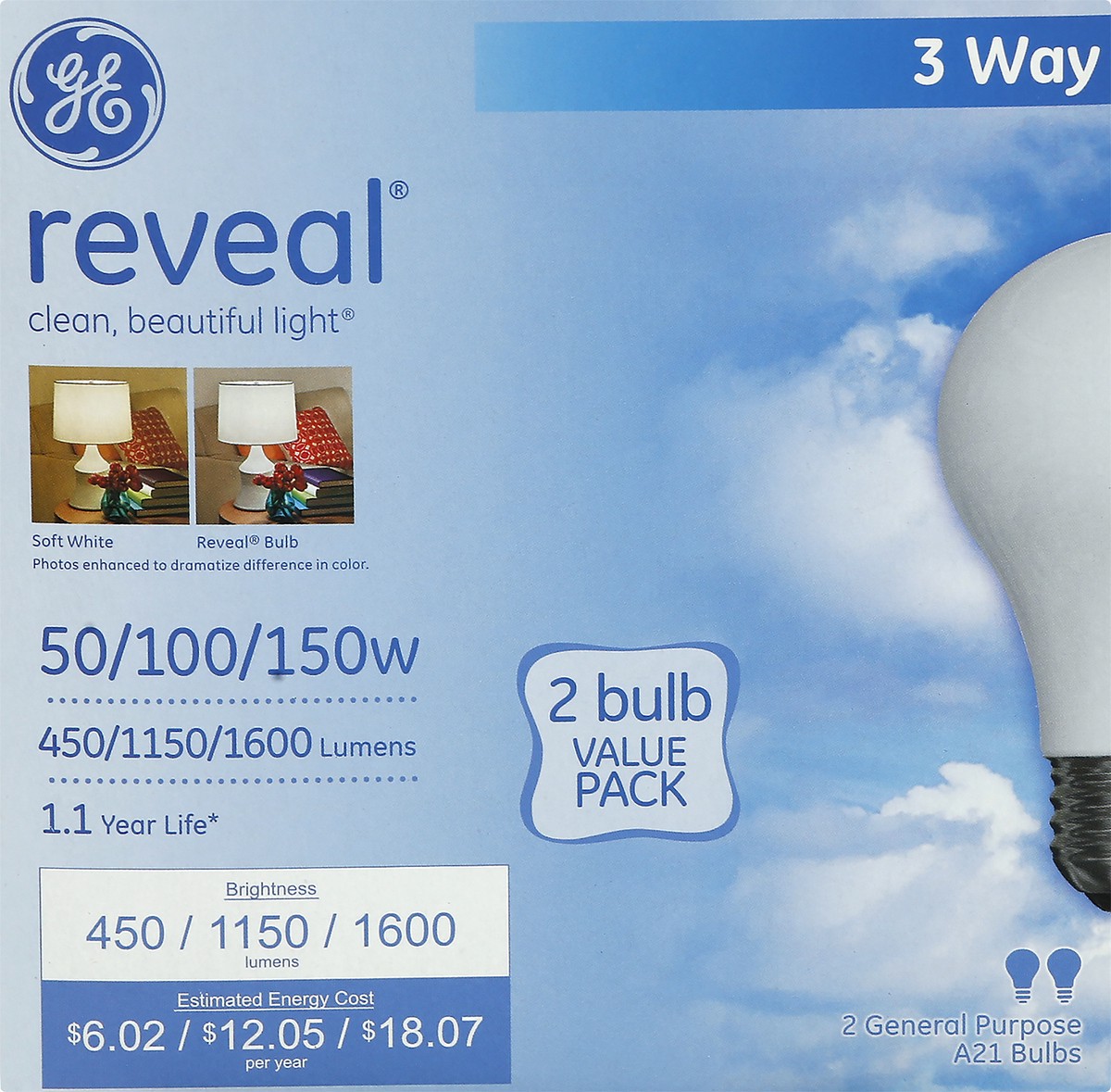 slide 3 of 11, GE 50/100/150-Watt Reveal 3-Way Light Bulb, 2-Pack, 1 ct