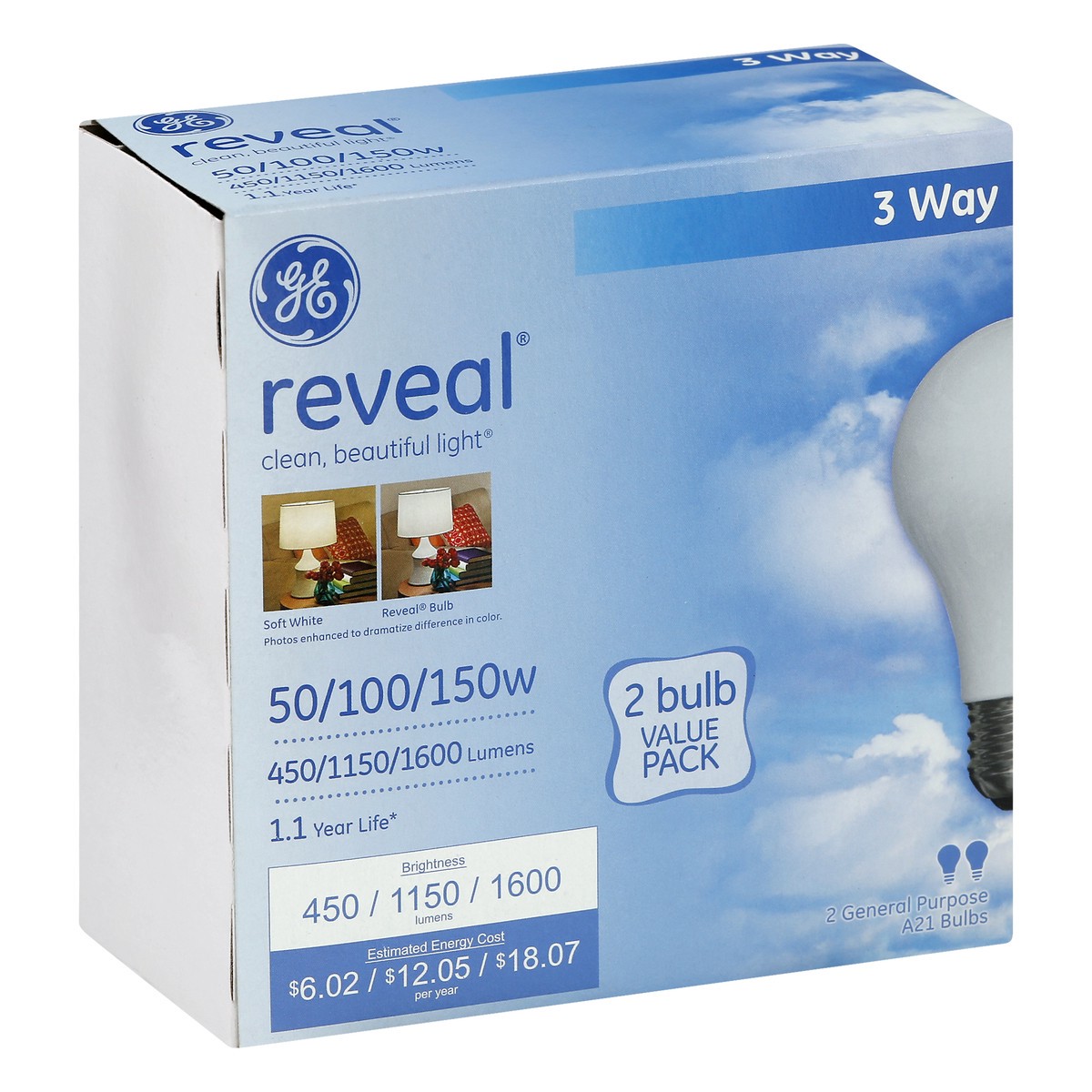 slide 4 of 11, GE 50/100/150-Watt Reveal 3-Way Light Bulb, 2-Pack, 1 ct