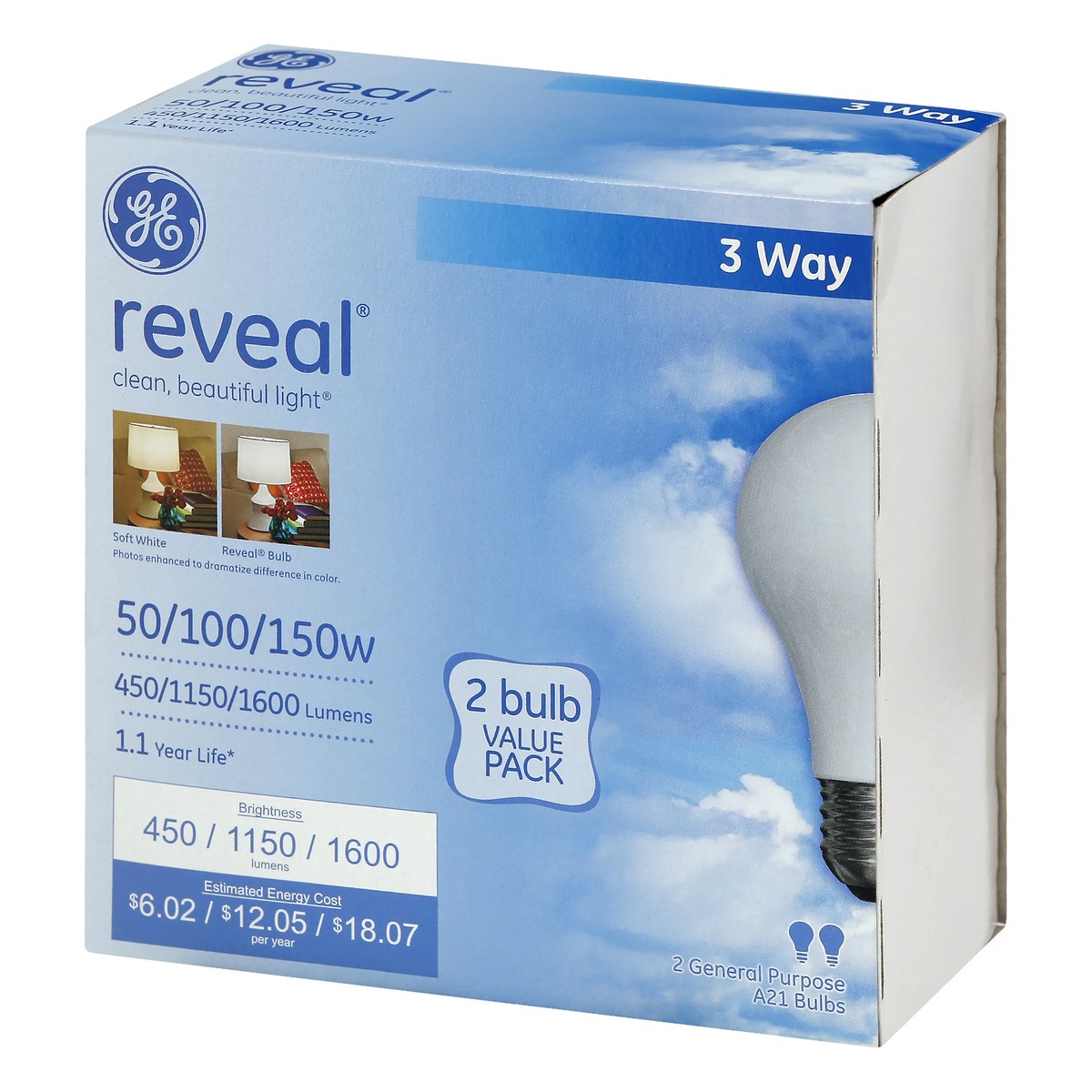 slide 6 of 11, GE 50/100/150-Watt Reveal 3-Way Light Bulb, 2-Pack, 1 ct