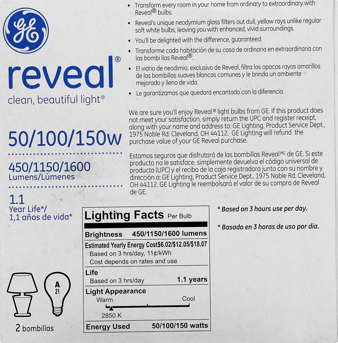 slide 9 of 11, GE 50/100/150-Watt Reveal 3-Way Light Bulb, 2-Pack, 1 ct