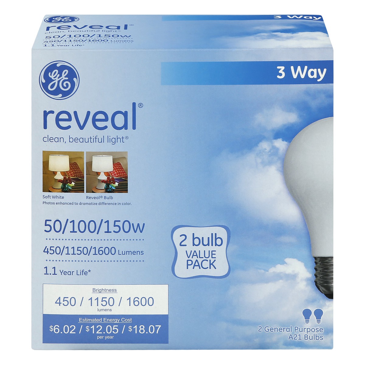 slide 1 of 11, GE 50/100/150-Watt Reveal 3-Way Light Bulb, 2-Pack, 1 ct