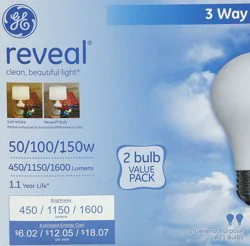 GE 50/100/150-Watt Reveal 3-Way Light Bulb, 2-Pack