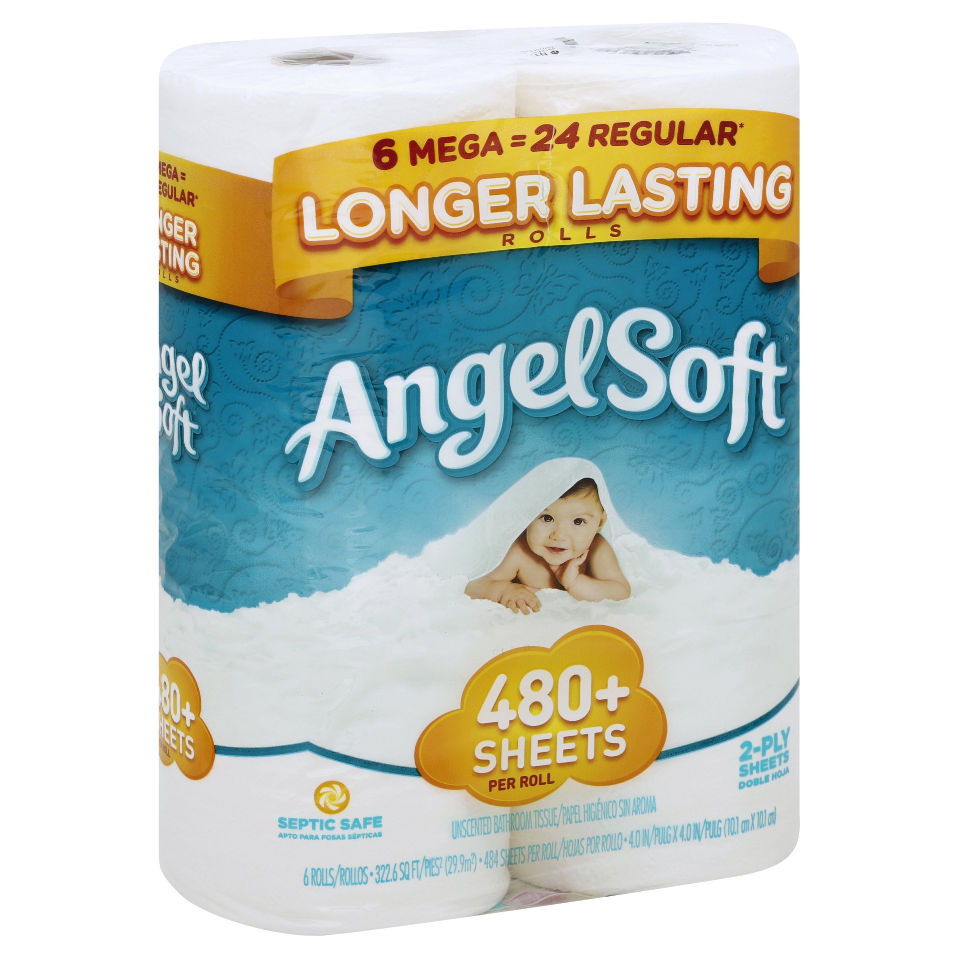 slide 1 of 1, Angel Soft Longer Lasting Bath Tissue Mega Rolls, 6 ct