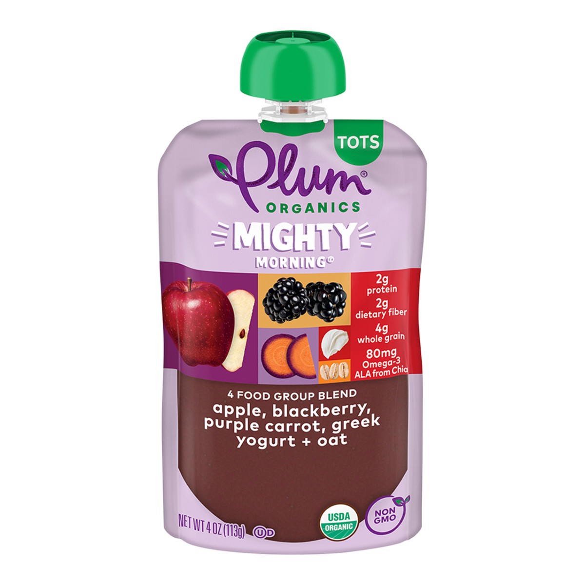 slide 1 of 13, Plum Organics Mighty Morning 4 Apple, Blackberry, Purple Carrot, Greek Yogurt + Oat 4oz Pouch, 4 oz