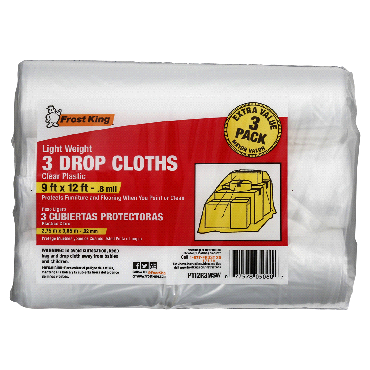 slide 1 of 1, Frost King Clear Drop Cloths, 3 ct; 9 ft x 12 ft