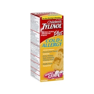 slide 1 of 1, Tylenol Plus Cold & Allergy For Childrend Bubble Gum Flavor, 4 oz