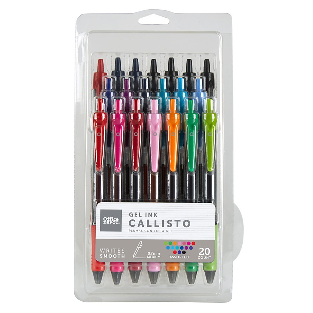 slide 1 of 1, Office Depot Brand Callisto Retractable Gel Ink Pens, Medium Point, 0.7 Mm, Visible Ink Supply, Assorted Fashion Ink Colors, Pack Of 20, 20 ct