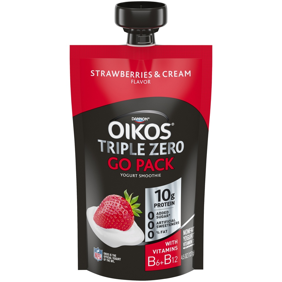 slide 1 of 5, Dannon Oikos Triple Zero Non-Fat Strawberries & Cream Go Pack, 4.5 oz
