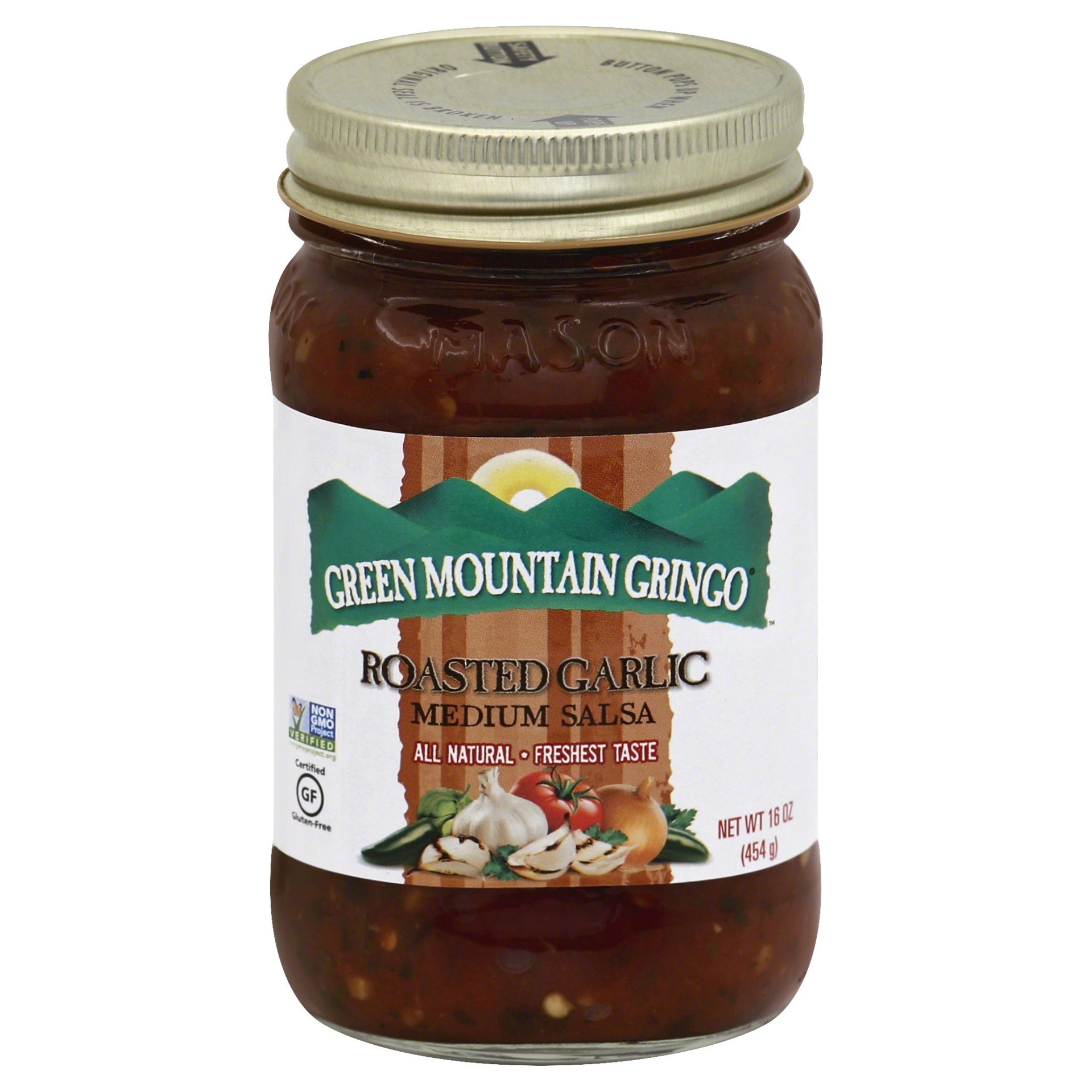 slide 1 of 6, Green Mountain Gringo Roasted Garlic Medium Salsa, 16 oz