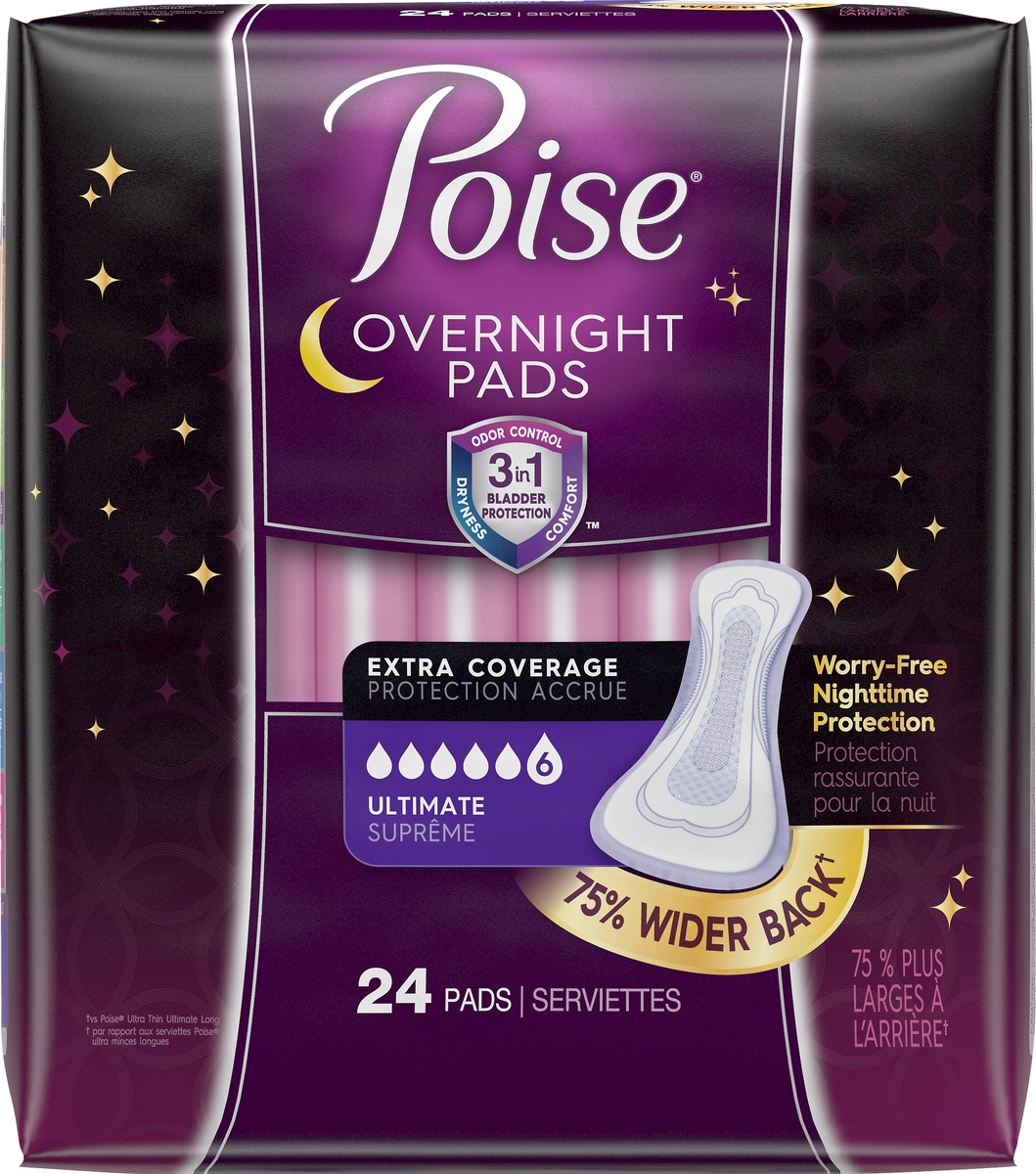 slide 6 of 9, Poise Extra Coverage Overnight Ultimate Pads 24 Pads, 24 ct