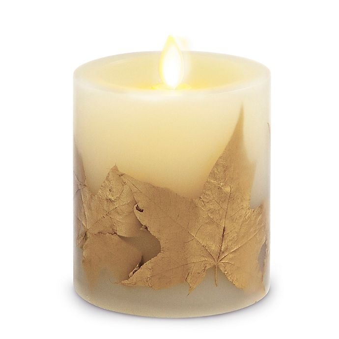 slide 1 of 1, Luminara Leaf Real-Flame Effect Pillar Candle - Gold, 4.5 in