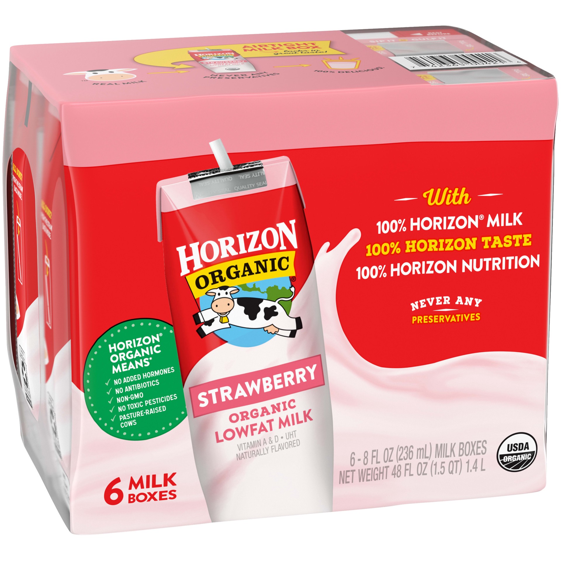 slide 3 of 5, Horizon Organic Shelf-Stable 1% Low Fat milk Boxes, Strawberry, 8 oz., 6 Pack, 48 fl oz