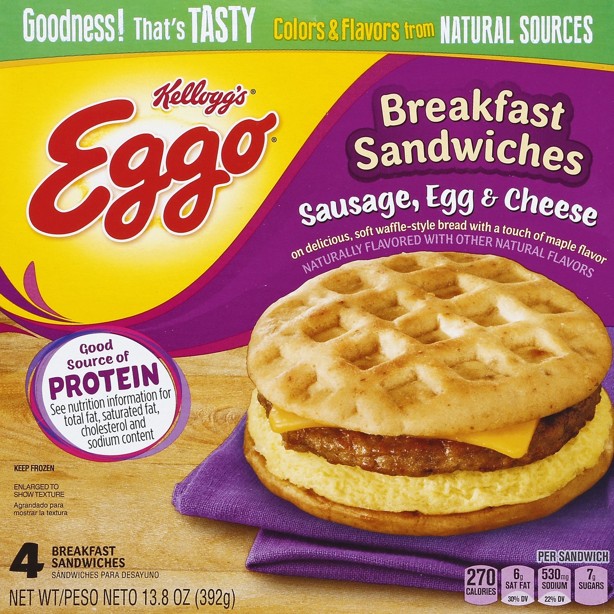 slide 1 of 7, Eggo Sausage Egg Cheese Breakfast Sandwich, 4 ct; 13.8 oz