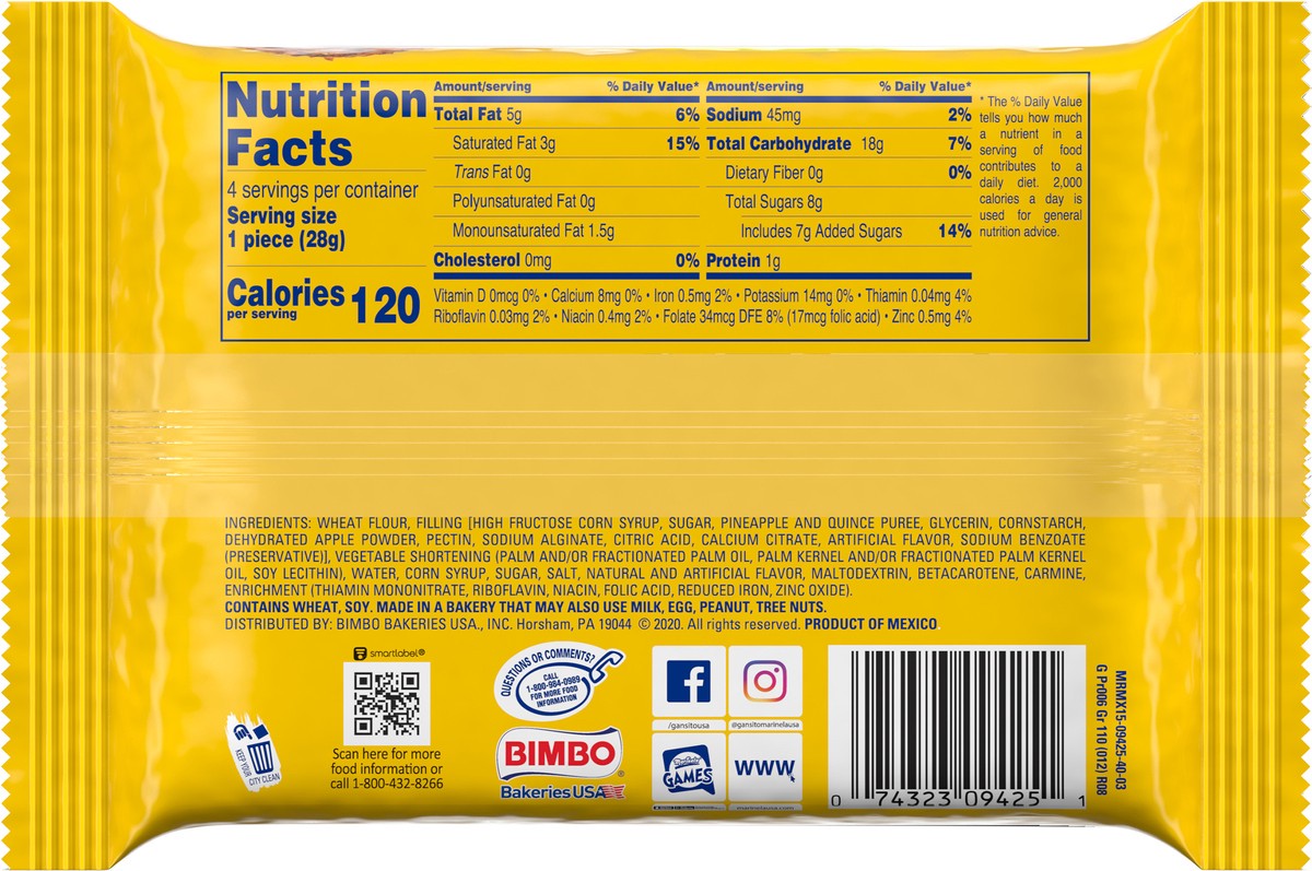 slide 5 of 9, Marinela Barritas Piña Pineapple Soft Filled Cookie Bar, Artificially Flavored, 2 Packs, 3.88 Ounces, 2 ct