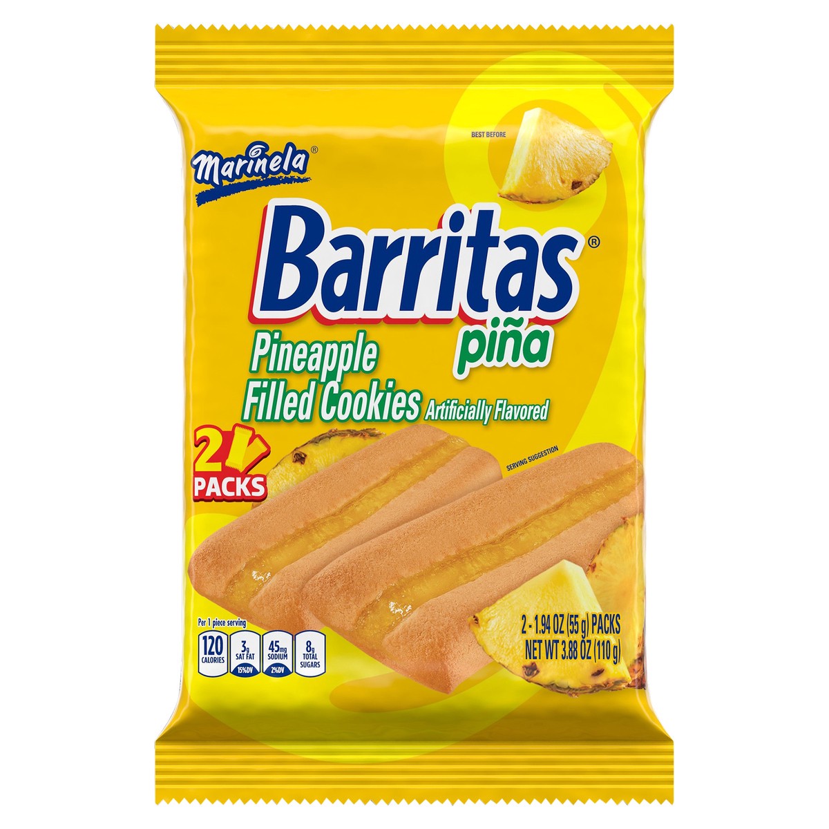 slide 1 of 9, Marinela Barritas Piña Pineapple Soft Filled Cookie Bar, Artificially Flavored, 2 Packs, 3.88 Ounces, 2 ct