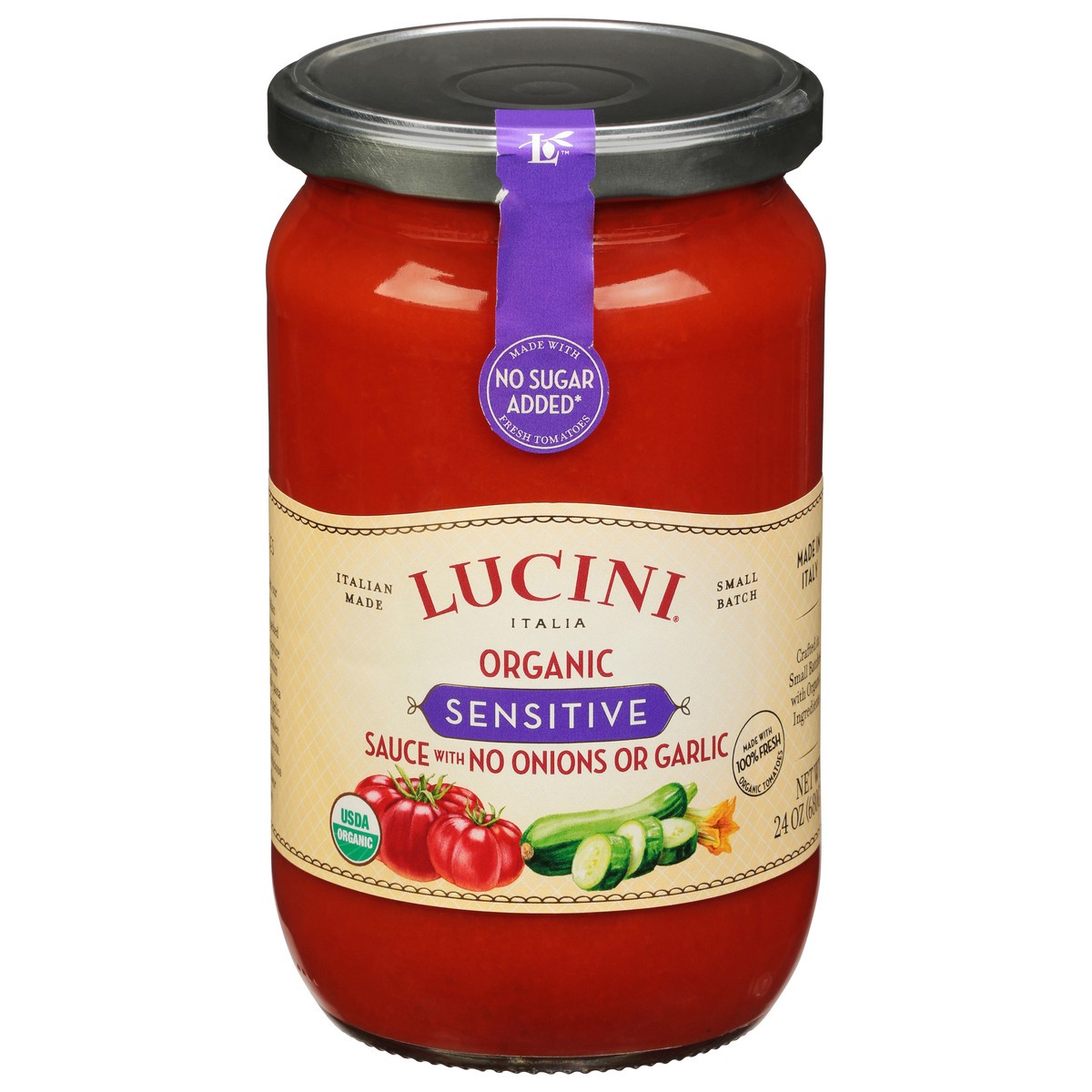 slide 1 of 13, Lucini Italia Organic Sensitive Sauce with No Onions or Garlic 24 oz, 24 oz