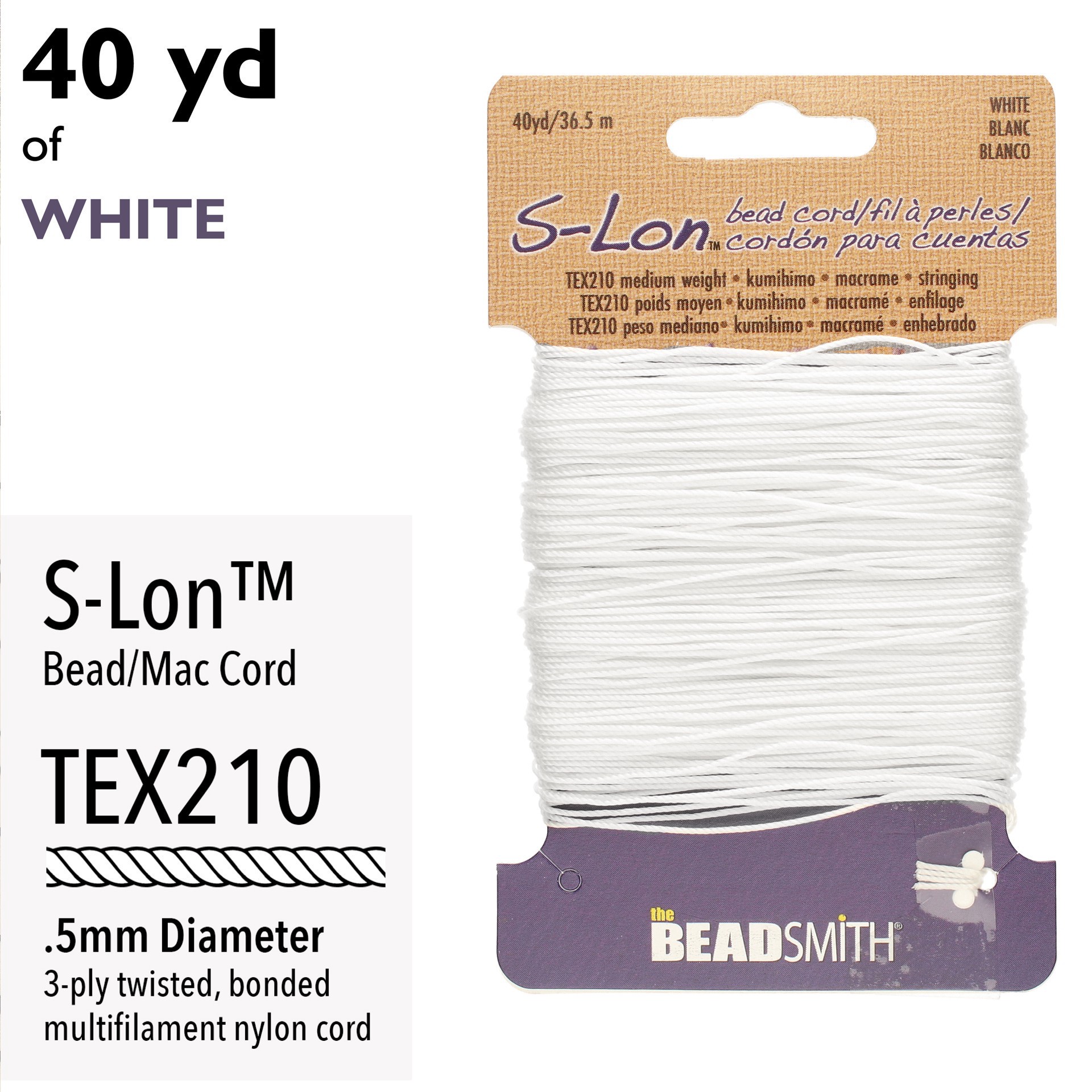 slide 3 of 7, The Beadsmith S-Lon 0.5mm White Bead Cord, 0.5mm