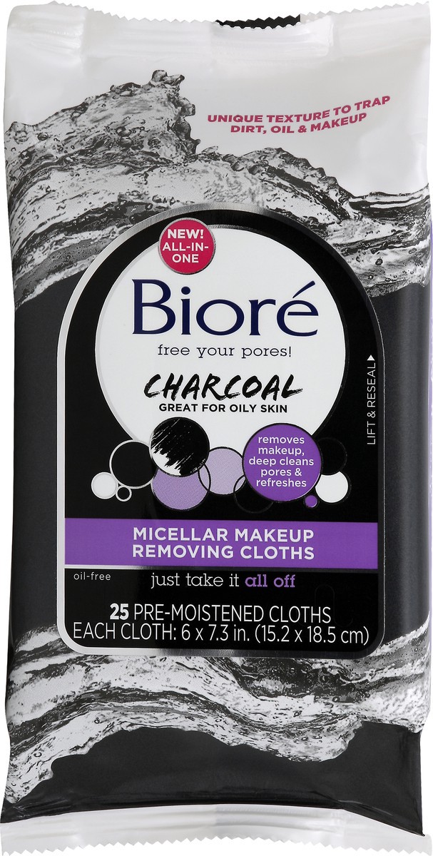 slide 5 of 7, Biore Charcoal Micellar Makeup Removing Cloths, 25 ct