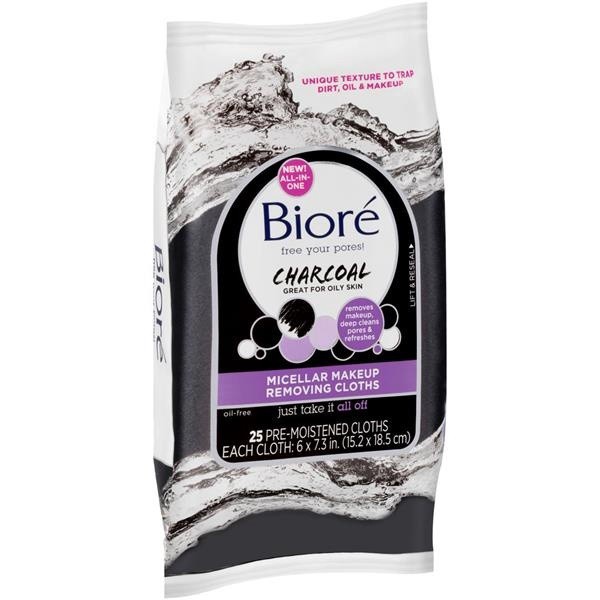 slide 1 of 7, Biore Charcoal Micellar Makeup Removing Cloths, 25 ct