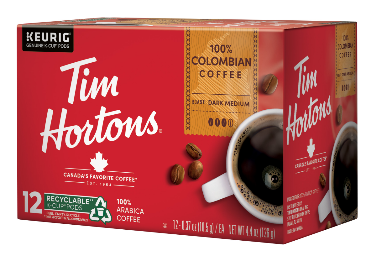 slide 2 of 2, Tim Hortons 100% Arabica Dark-Medium Roast 100% Colombian Coffee 12 - 0.37 oz Each, 12 ct
