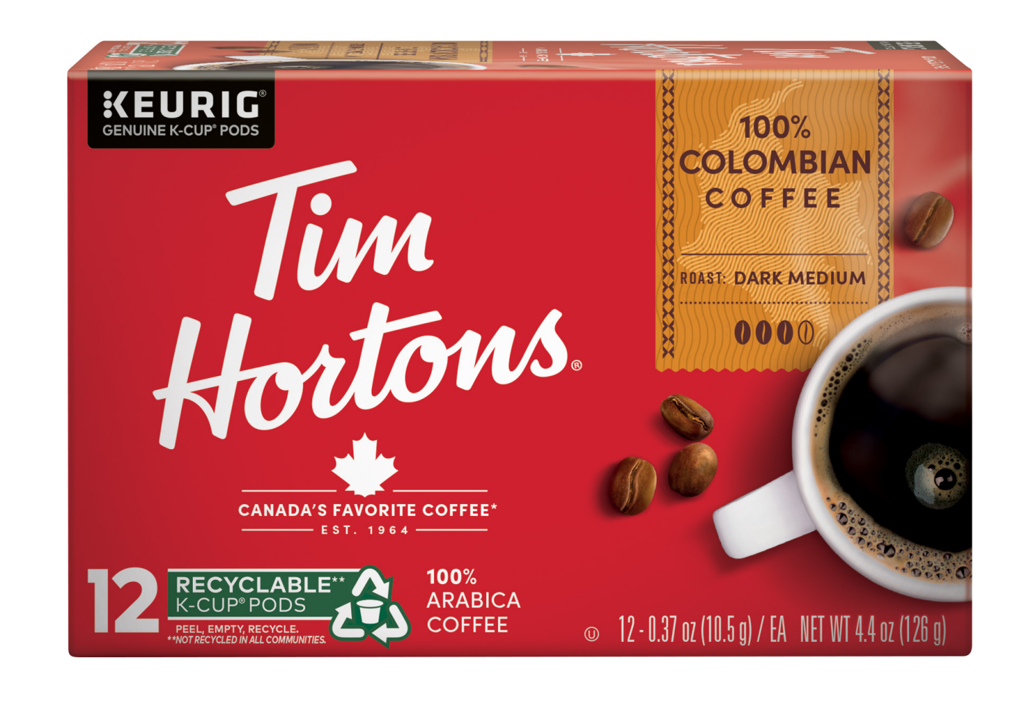slide 1 of 2, Tim Hortons 100% Arabica Dark-Medium Roast 100% Colombian Coffee 12 - 0.37 oz Each, 12 ct