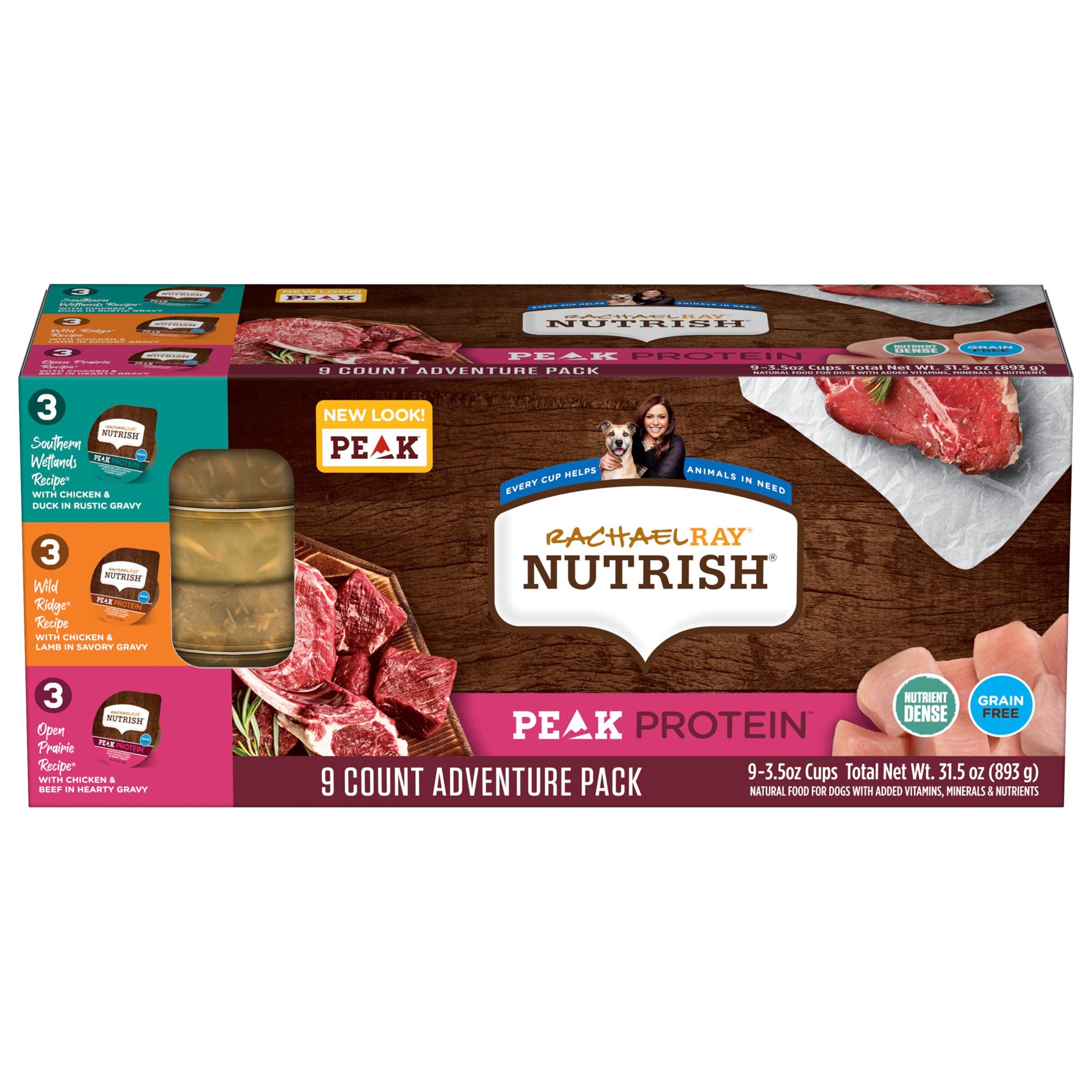 slide 1 of 8, Rachael Ray Nutrish Peak Protein Adventure Pack Wet Dog Food, 3.5 oz. Cups, 9 Count, 31.5 oz