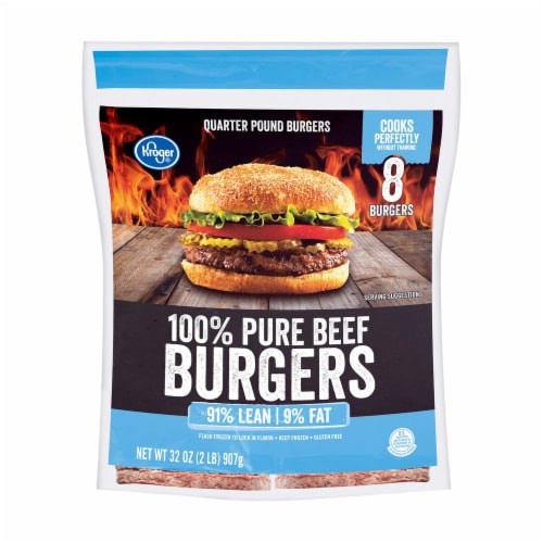 slide 1 of 2, Kroger 91% Lean Frozen Ground Beef Burger, 2 lb