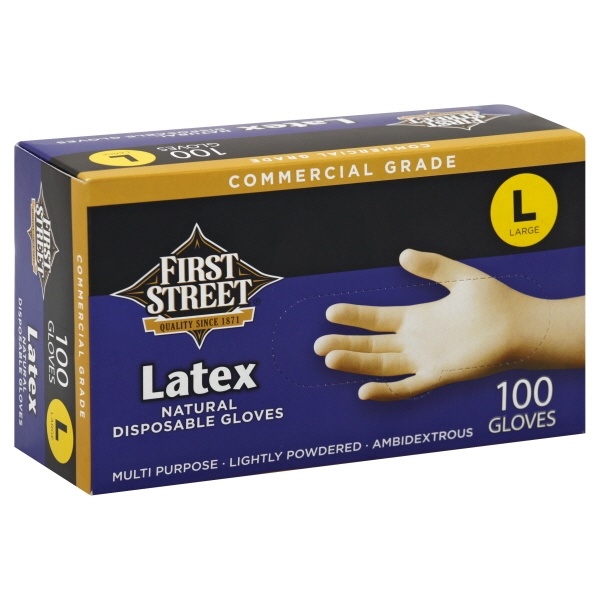 slide 1 of 1, First Street Large Disposable Latex Gloves Pwdr, 100 ct