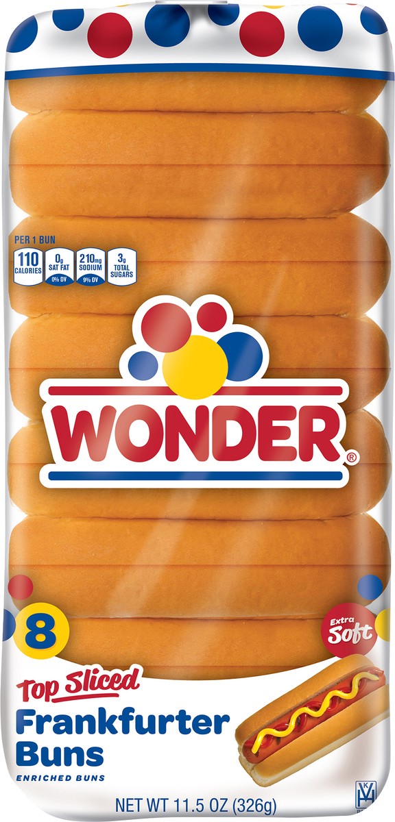 slide 4 of 10, Wonder Bread Frankfurter Buns, Top Sliced Hot Dog Buns, 8 Count, 8 ct
