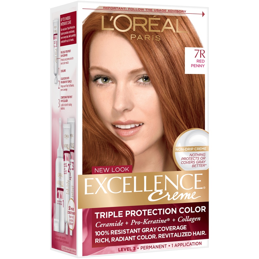 slide 3 of 8, L'Oréal Paris Excellence CrÃ¨me Triple Protection Hair Color - 7R Red Penny, 1 ct