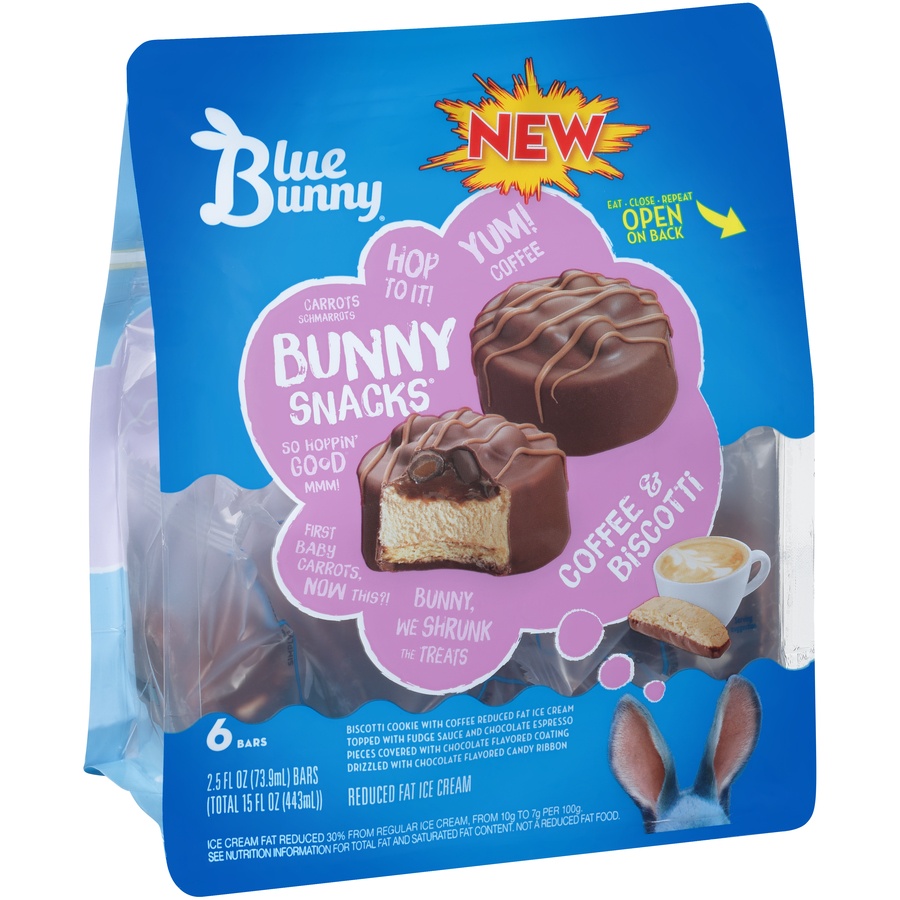 slide 2 of 8, Blue Bunny Bunny Snacks Coffee & Biscotti Reduced Fat Ice Cream Bars, 6 ct; 2.5 fl oz