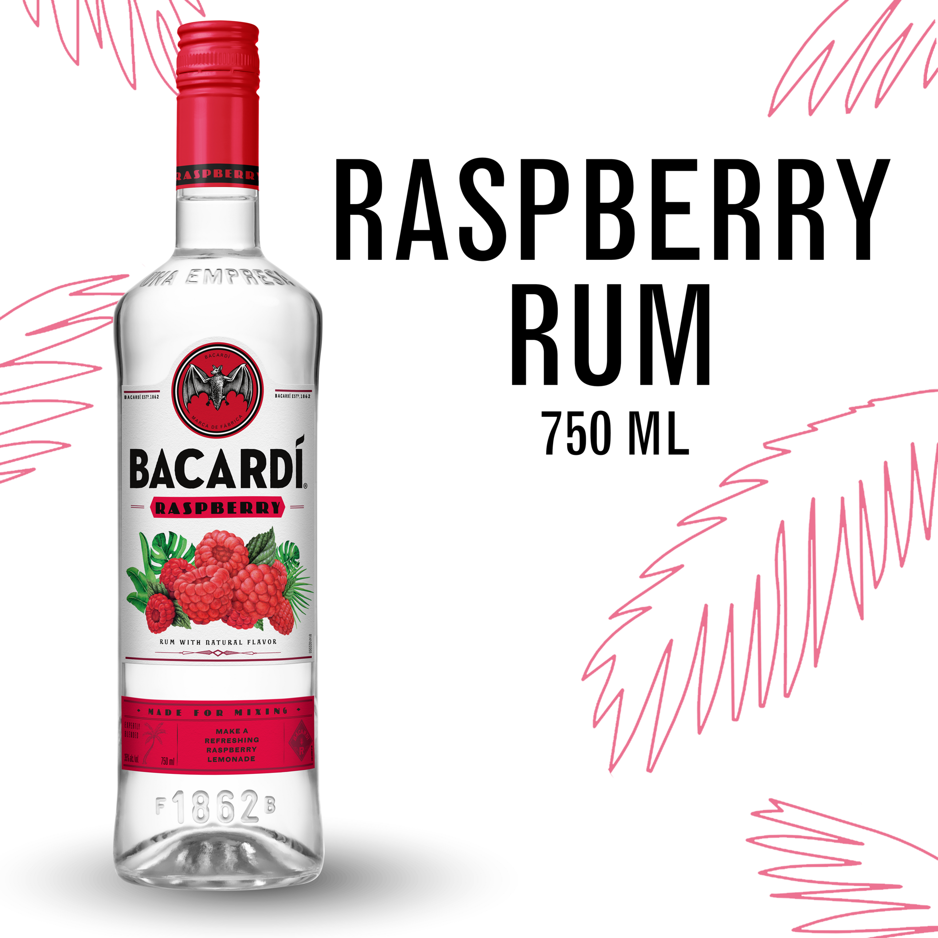 slide 2 of 5, Bacardí Bacardi Raspberry Rum, Gluten Free 35% 75Cl/750Ml, 750 ml
