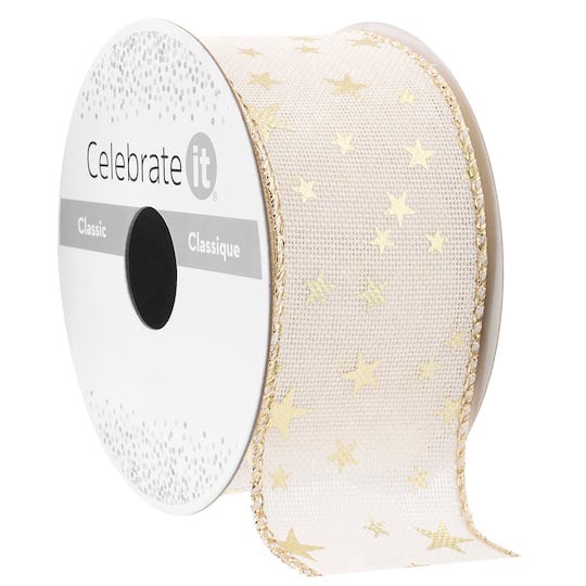 slide 1 of 2, 1.5" X 3yd. Gold Star Wired Faux Linen Ribbon By Celebrate It Classic, 1.5 in x 3 yd