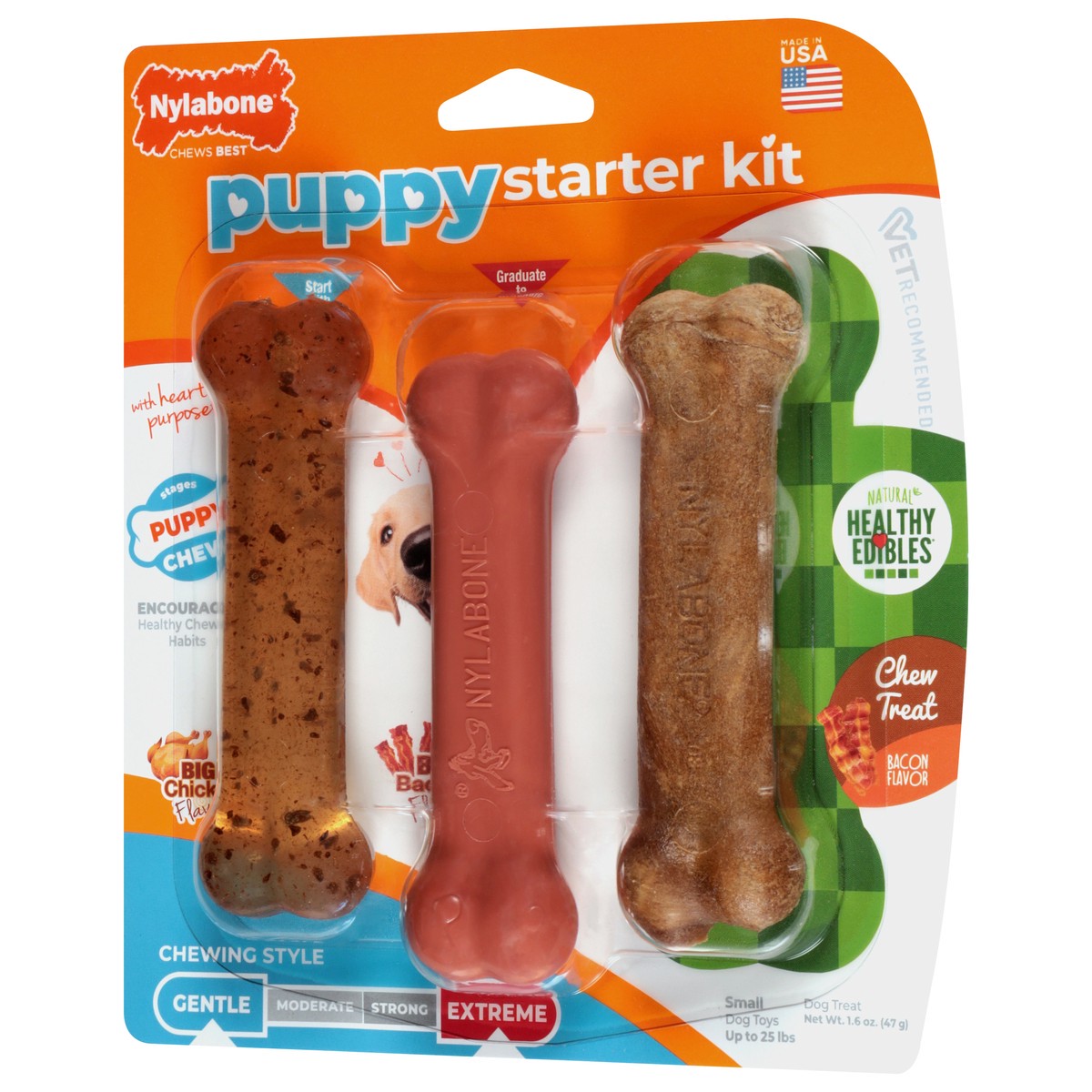 slide 3 of 4, Nylabone Puppy Starter Kit Puppy Bones - Healthy Edibles, Bacon Flavor, Chicken Flavor, 1 ct