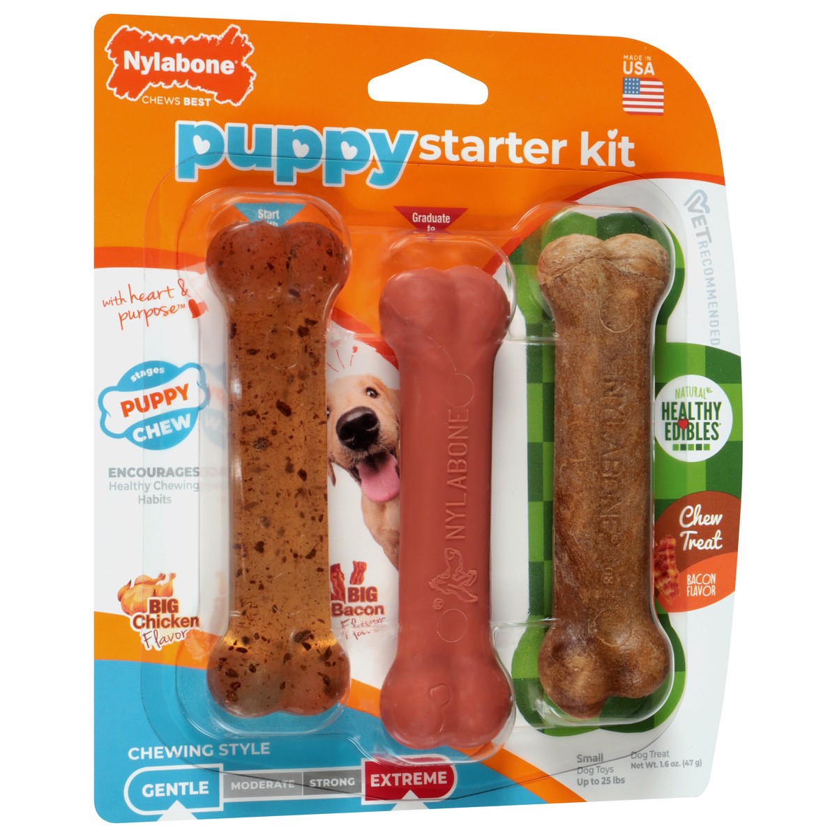 slide 4 of 4, Nylabone Puppy Starter Kit Puppy Bones - Healthy Edibles, Bacon Flavor, Chicken Flavor, 1 ct