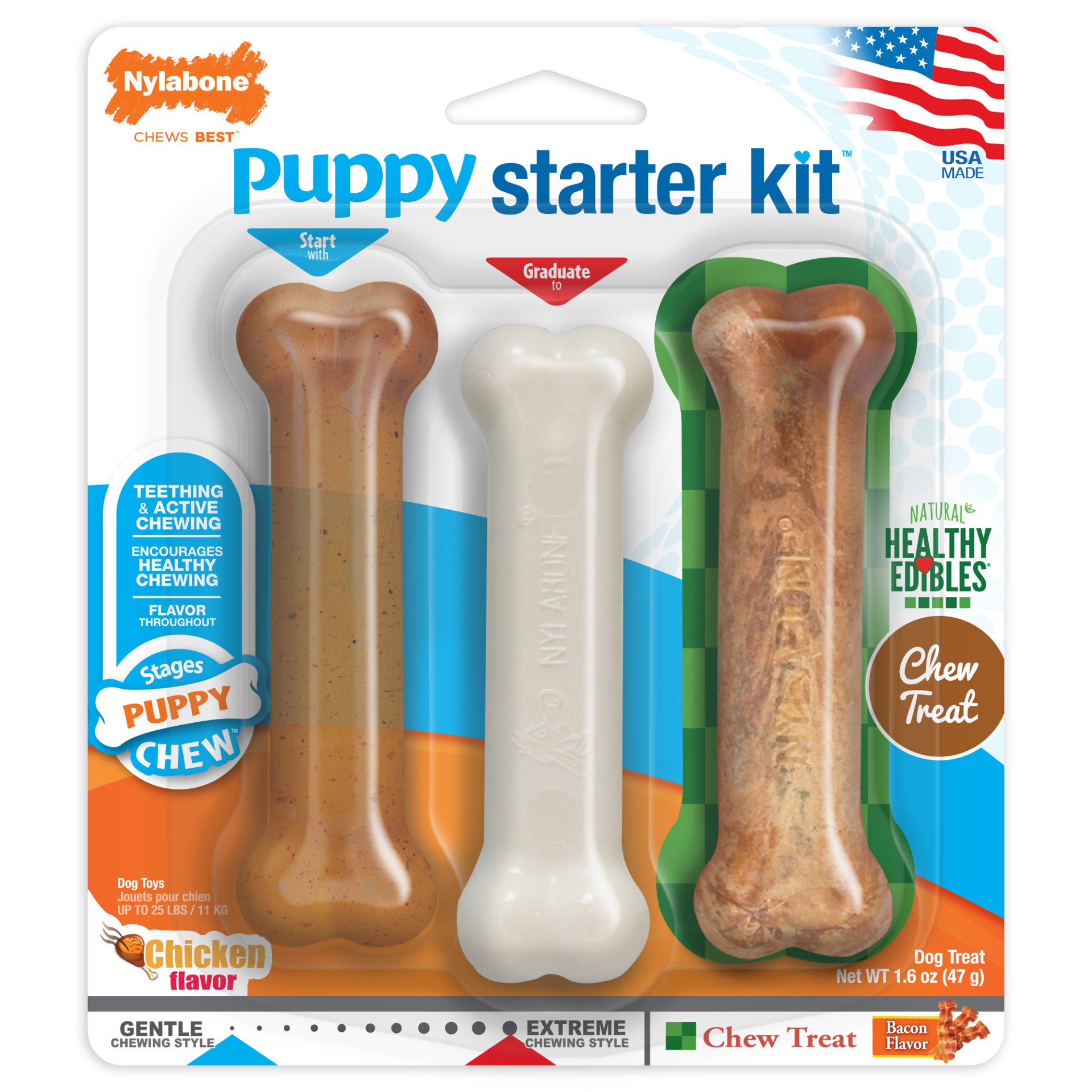 slide 1 of 1, Nylabone Puppy Starter Kit Puppy Bones - Healthy Edibles, Bacon Flavor, Chicken Flavor, 1 ct