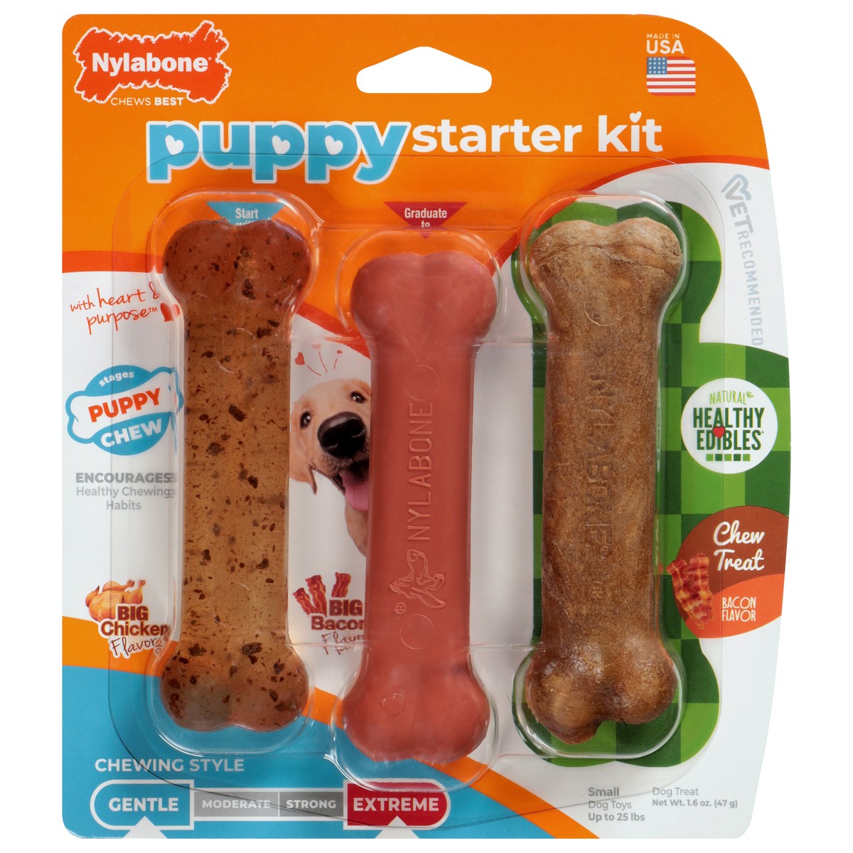slide 1 of 4, Nylabone Puppy Starter Kit Puppy Bones - Healthy Edibles, Bacon Flavor, Chicken Flavor, 1 ct