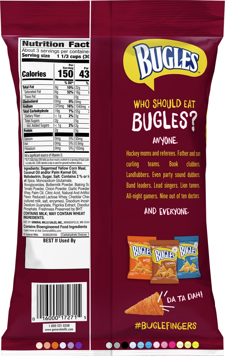 slide 6 of 9, Bugles Crispy Corn Snacks, Chili Cheese, Snack Bag, 3 oz, 3 oz