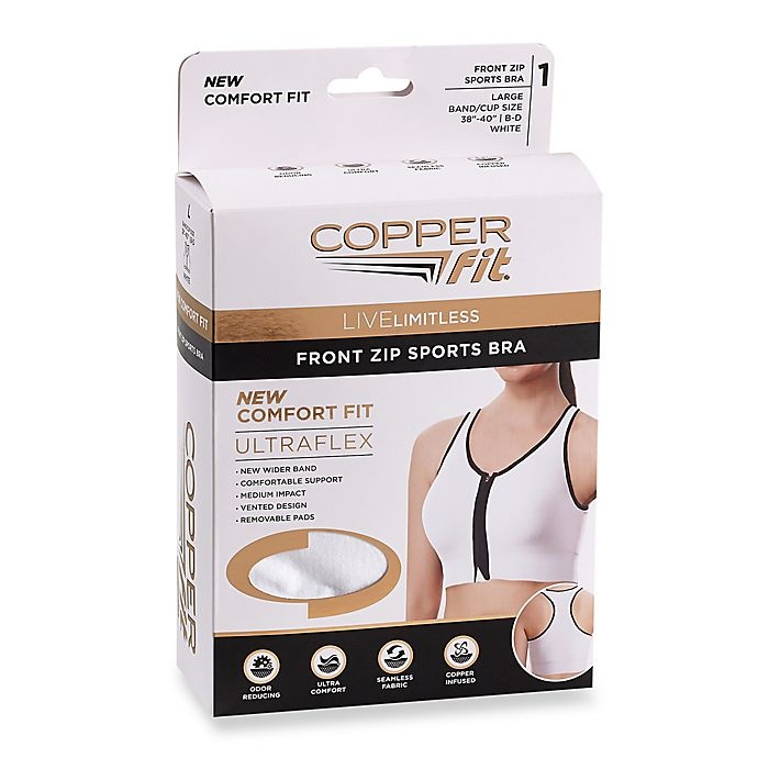 Copper Fit Large Ultra-Flex Comfort Zip-Front Sports Bra - White 1