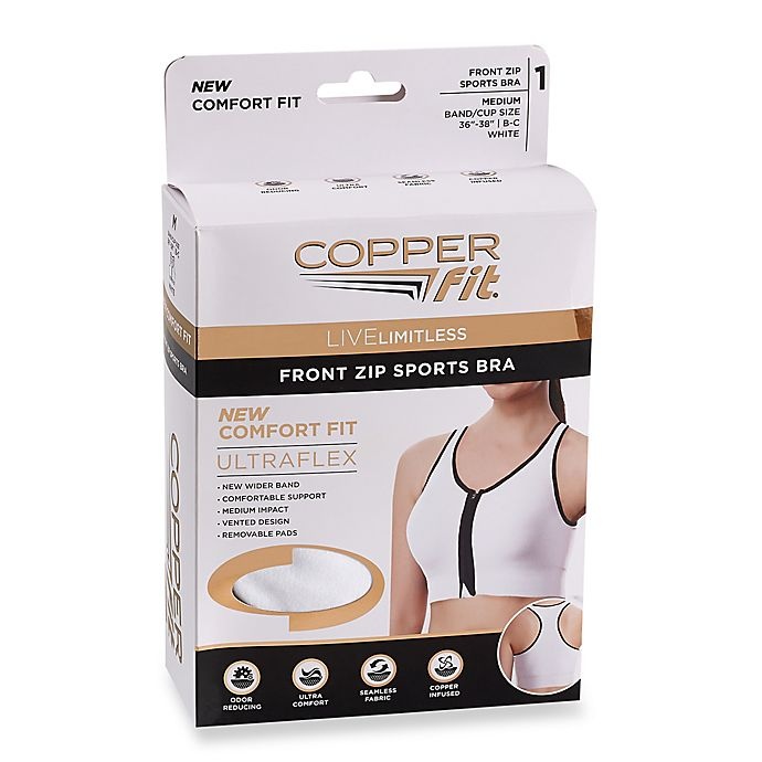 slide 5 of 6, Copper Fit Medium Ultra-Flex Comfort Zip-Front Sports Bra - White, 1 ct