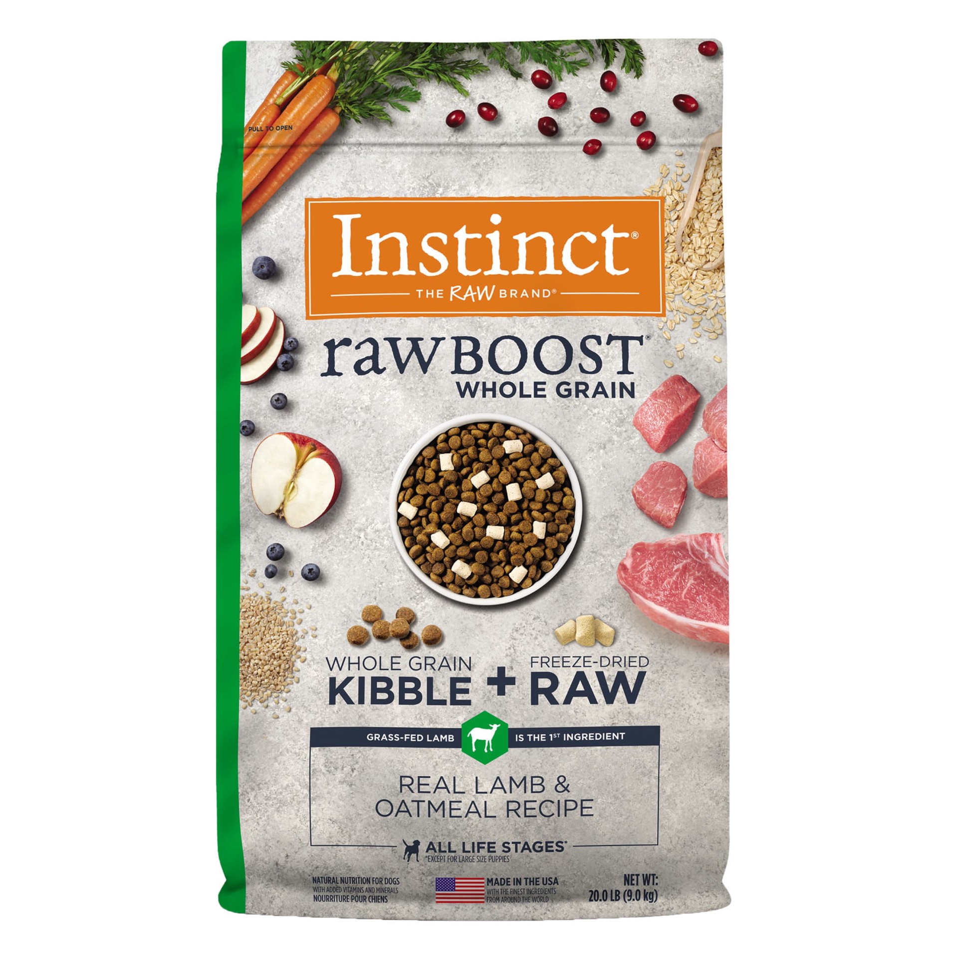 slide 1 of 10, Instinct Raw Boost Whole Grain Lamb & Oatmeal Dry Dog Food, 20 lb. Bag, 20 lb