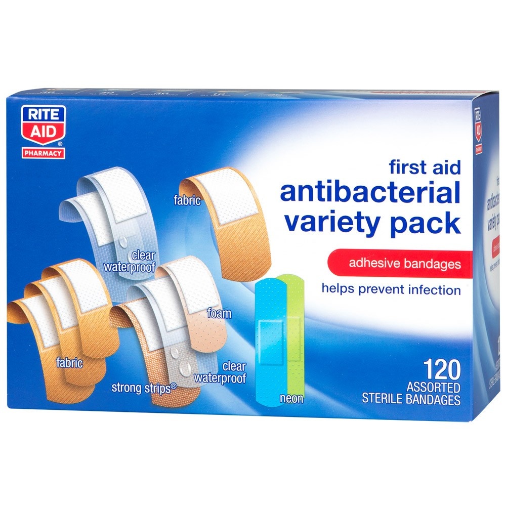 slide 1 of 1, Rite Aid First Aid Antibacterial Adhesive Bandages, Variety Pack, 120 ct