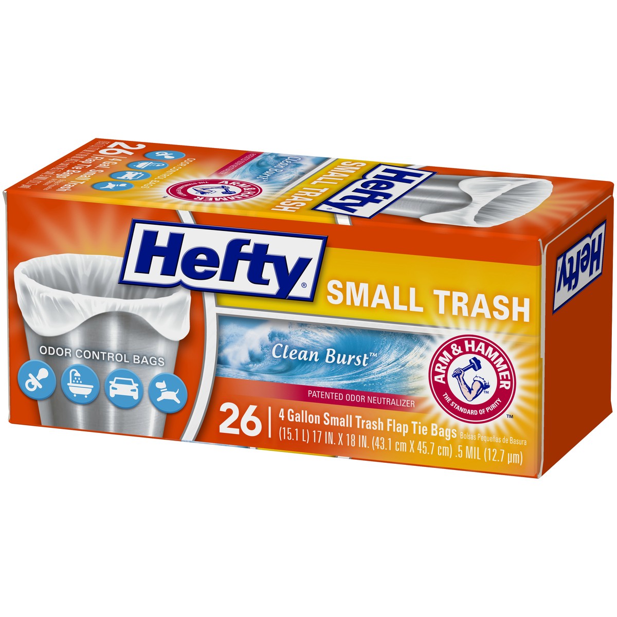 slide 8 of 9, Hefty 4 Gal. Small Trash Flap Tie Bags 26 ct Clean Burst Box, 4 gram