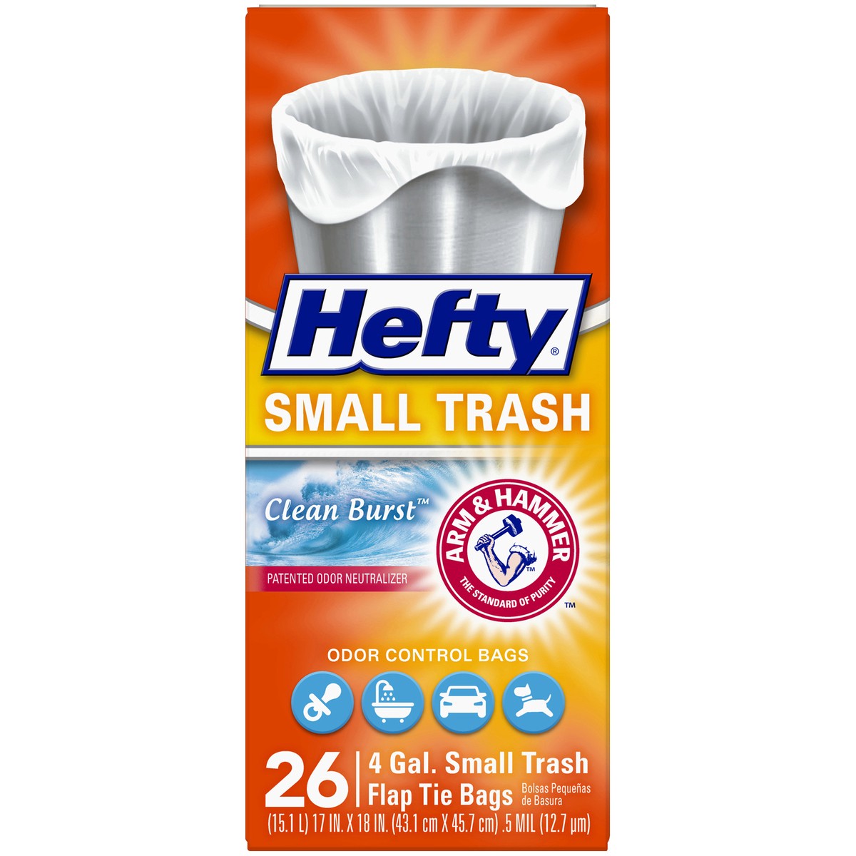 slide 9 of 9, Hefty 4 Gal. Small Trash Flap Tie Bags 26 ct Clean Burst Box, 4 gram