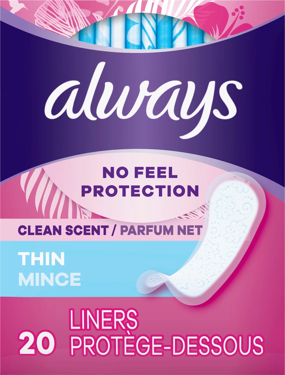 slide 2 of 2, Always Thin No Feel Protection Daily Liners Regular Absorbency Scented, Breathable Layer Helps Keep You Dry, 20 Count, 20 ct