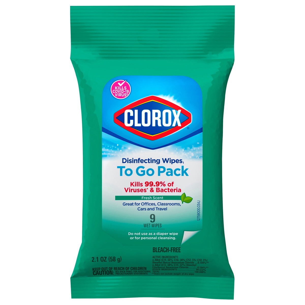 slide 1 of 7, Clorox Disinfecting Wipes On The Go, Bleach Free Travel Wipes, Fresh Scent, 9 Count (Package May Vary) (01665), 9 ct