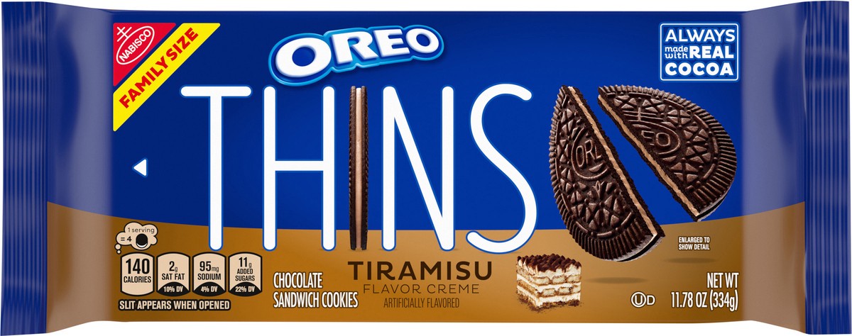 slide 3 of 13, OREO Thins Tiramisu Creme Chocolate Sandwich Cookies, Family Size, 11.78 oz, 11.78 oz